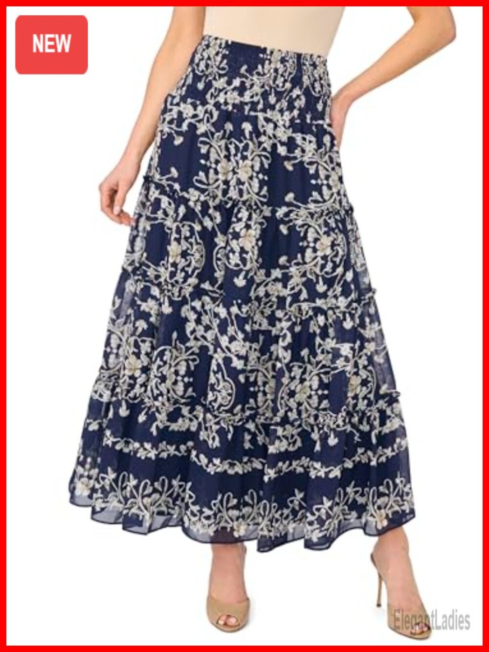 CeCe Tiered Smocked Waist A-Line Maxi Skirt Floral Vacation
